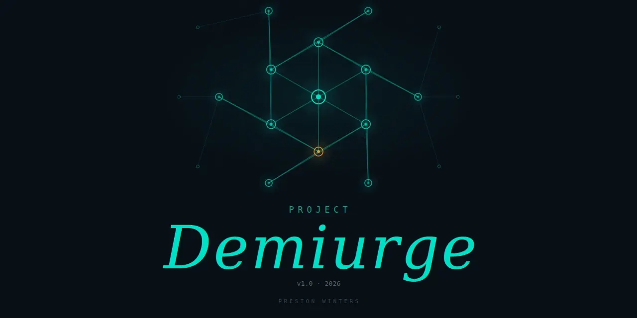 Project Demiurge: hexagonal node graph in teal with one node lit orange.